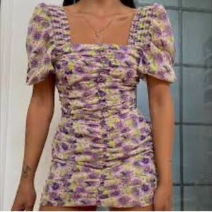 Zara Ruched Floral Bodycon Feminine Cottagecore Puff Sleeve Dress Size Small